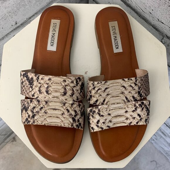 Steve Madden Croc Embossed Faux Leather Slip On Flat Slide Sandals - Picture 3 of 11